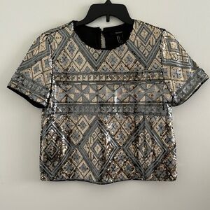 Forever 21 Women Crop Top Gold Silver Geometric Sequins Short Sleeve